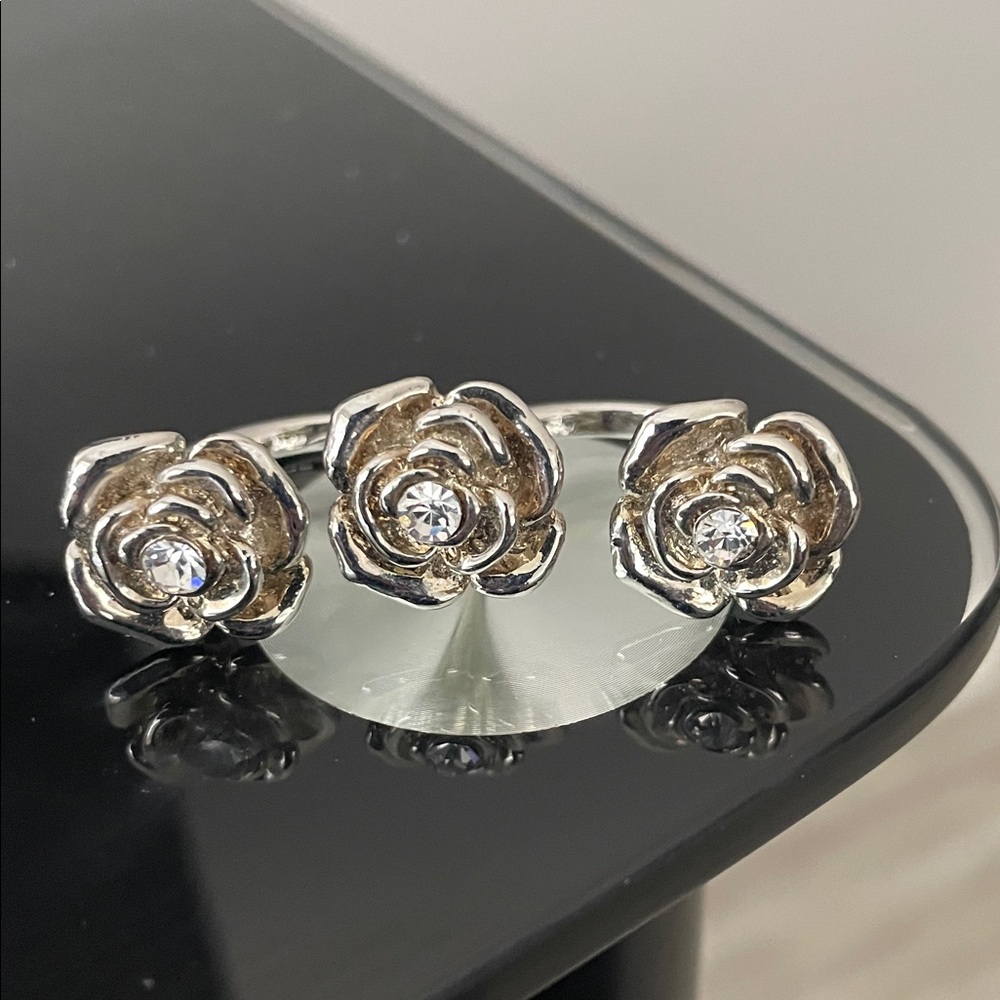 Multi Finger Silver Rose Ring Trio